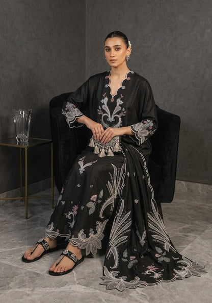 Black Sheesha Silk Embroidered Kaftan with Boring Cutwork Details