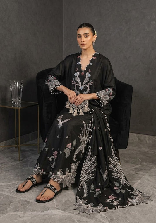 Black Sheesha Silk Embroidered Kaftan with Boring Cutwork Details