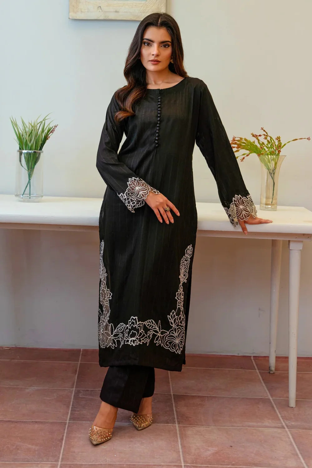 Black Cotton Long Kurta Set
