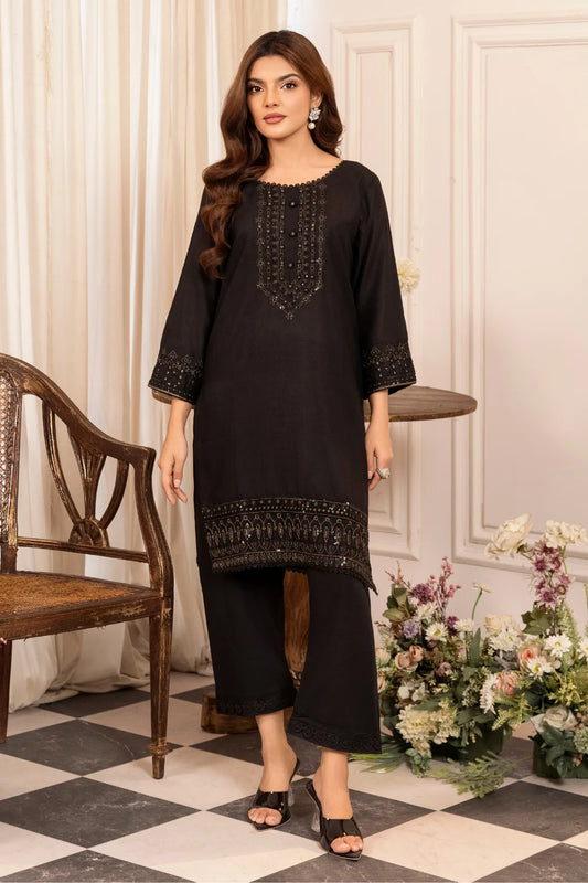 Black Sequins Embroidered Cotton Kurta Set