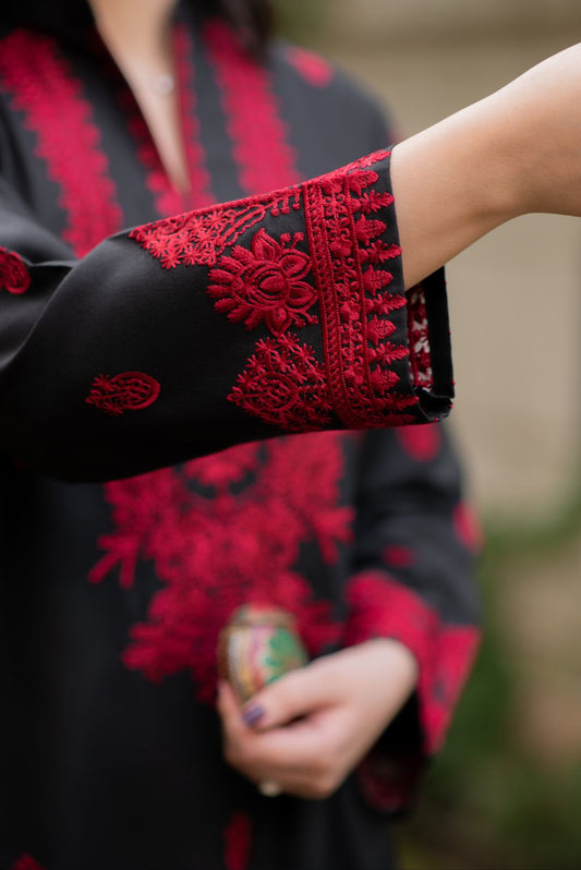 Black & Red Cotton Kurta