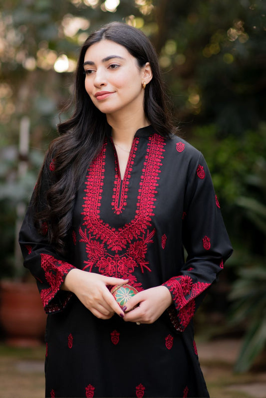 Black & Red Cotton Kurta