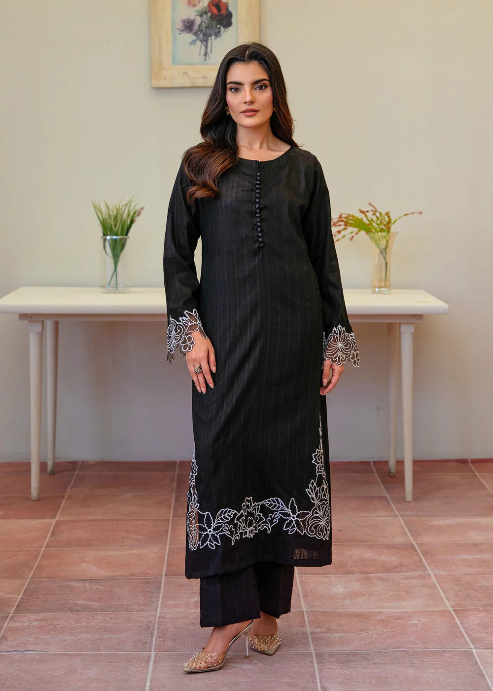 Black Cotton Long Kurta Set