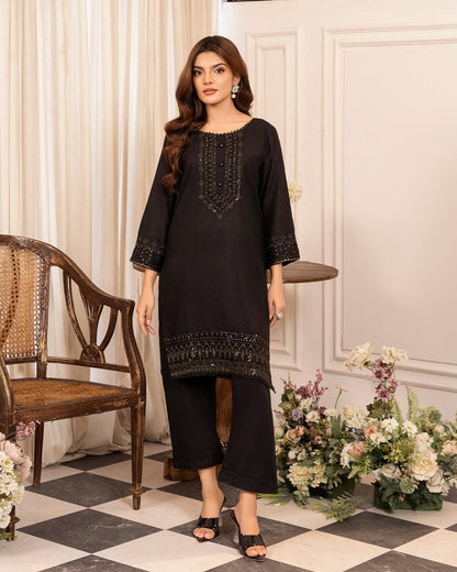 Black Sequins Embroidered Cotton Kurta Set