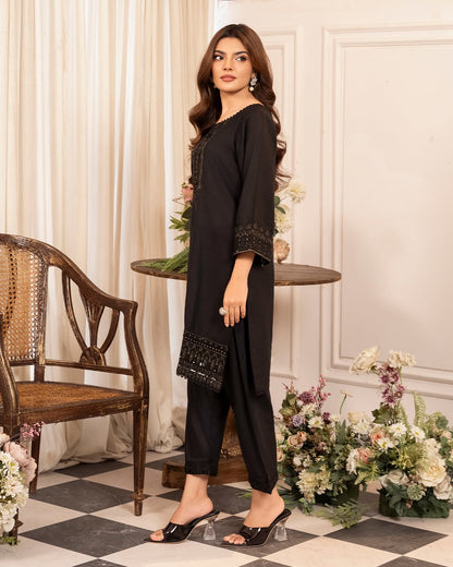 Black Sequins Embroidered Cotton Kurta Set