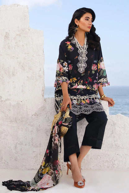 Black Floral Printed Lawn Suit with Chiffon Dupatta