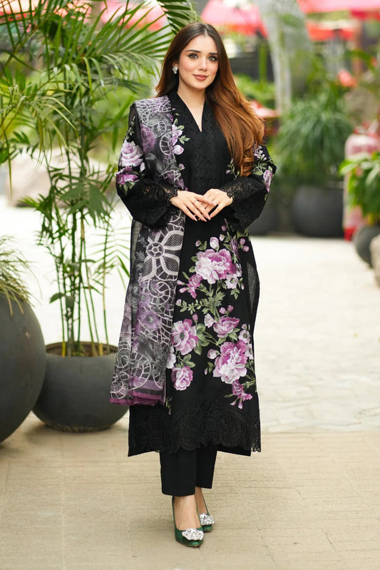 Black Embroidered Lawn Kurta Set with Dupatta