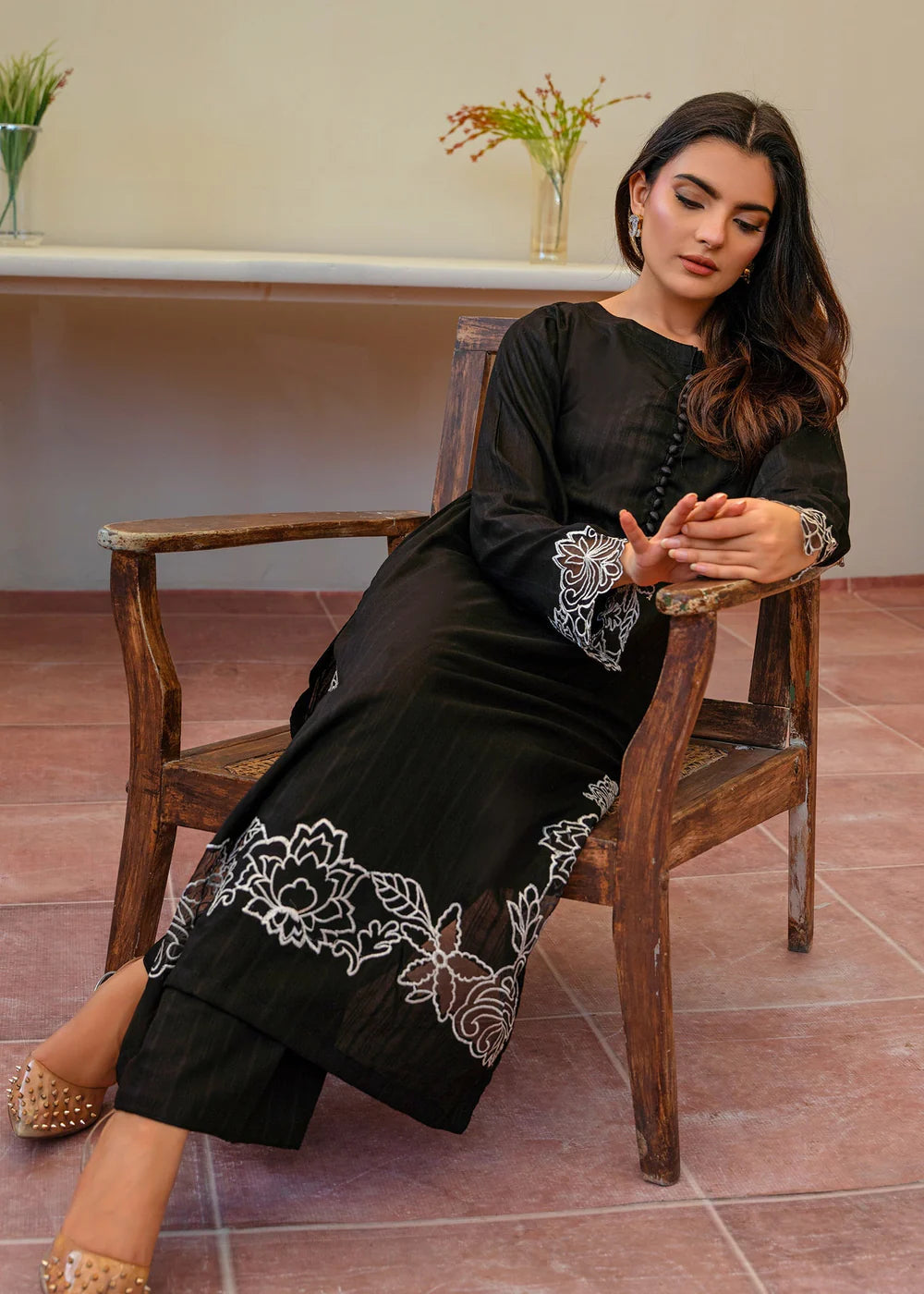 Black Cotton Long Kurta Set