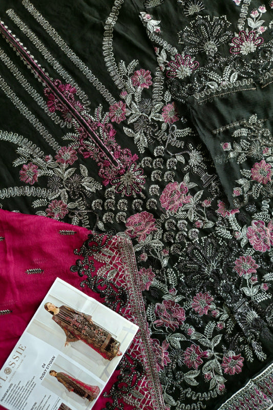 Black Embroidered Pure Chiffon Suit