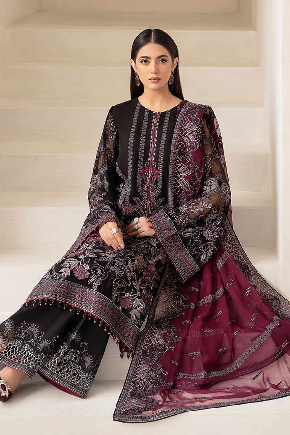 Black Embroidered Pure Chiffon Suit