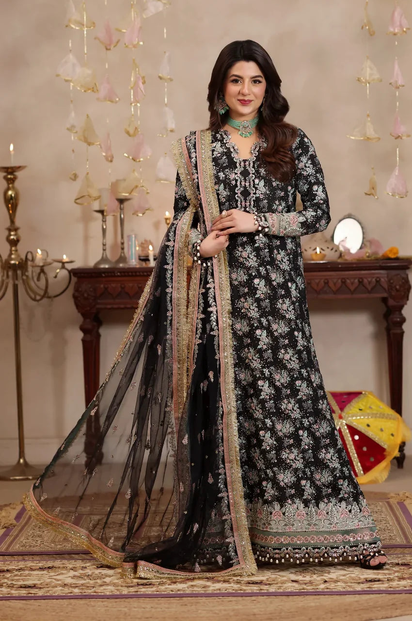 Black Sequins Embroidered Raw Silk Partywear Suit