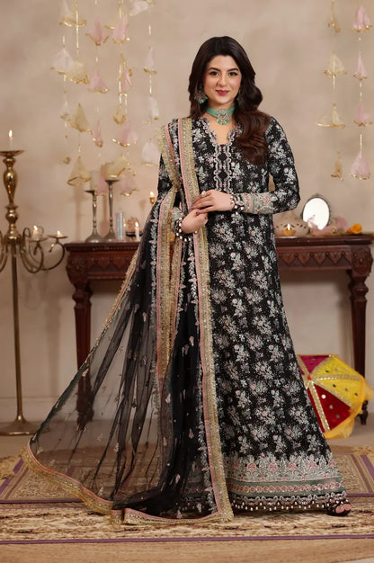 Black Sequins Embroidered Raw Silk Partywear Suit