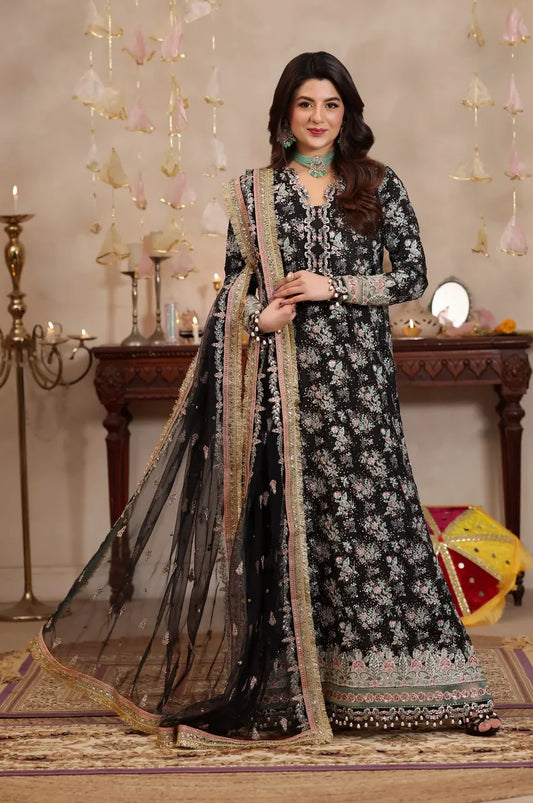 Black Sequins Embroidered Raw Silk Partywear Suit