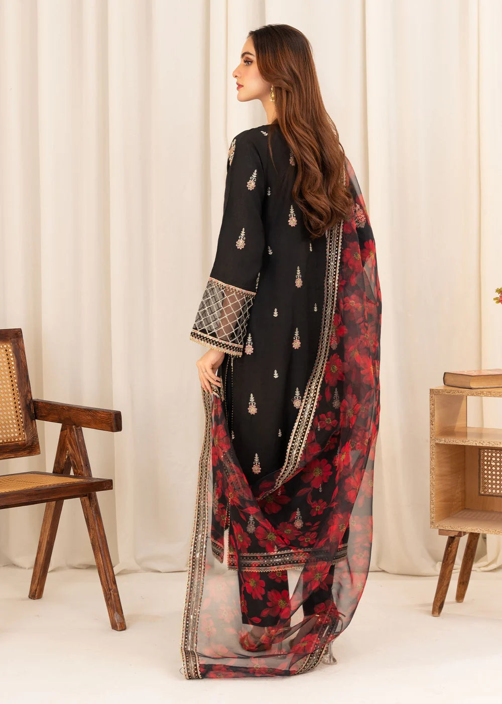 Black Embroidered Viscose Raw Silk Kurta Set with Dupatta