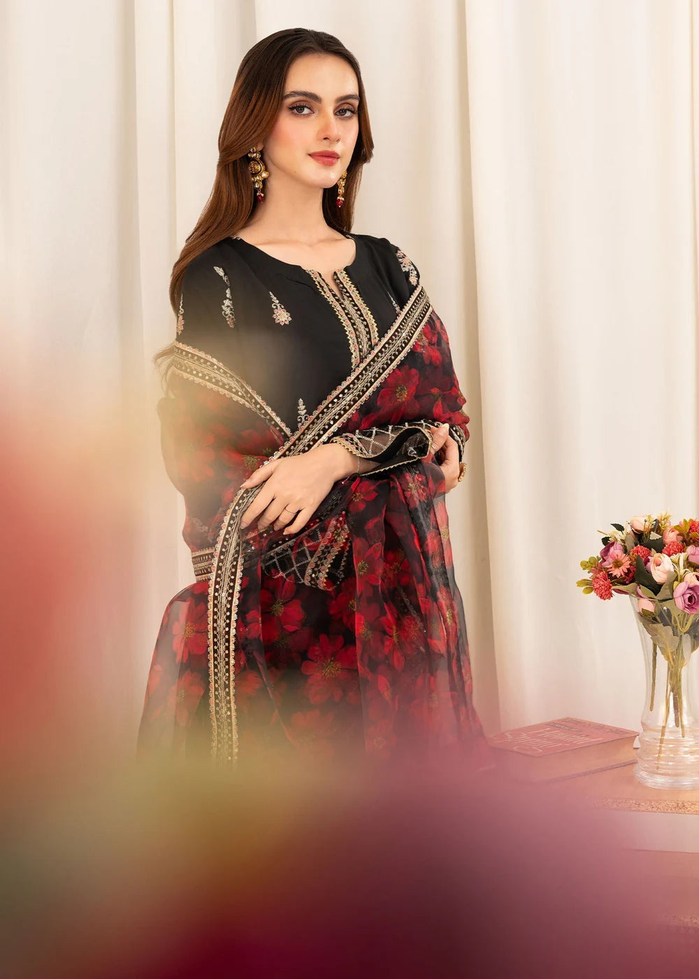Black Embroidered Viscose Raw Silk Kurta Set with Dupatta
