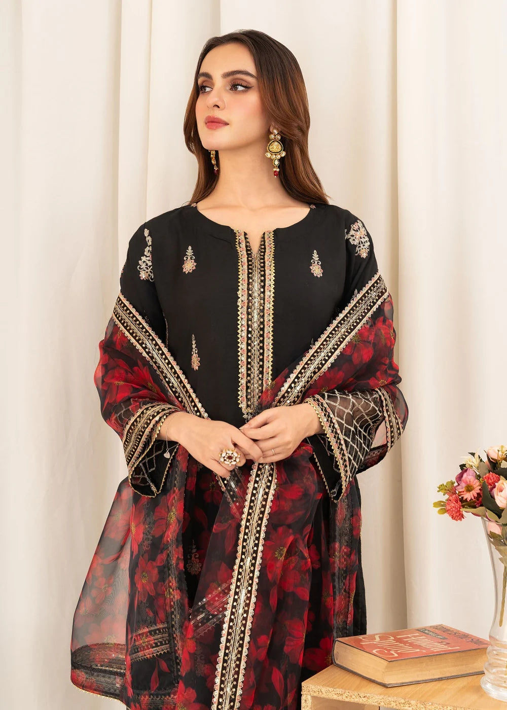 Black Embroidered Viscose Raw Silk Kurta Set with Dupatta