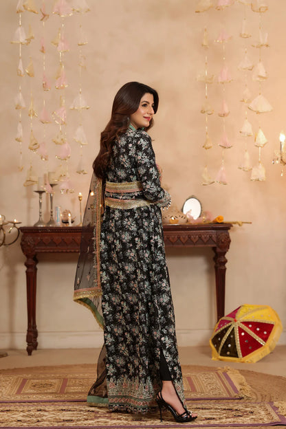 Black Sequins Embroidered Raw Silk Partywear Suit