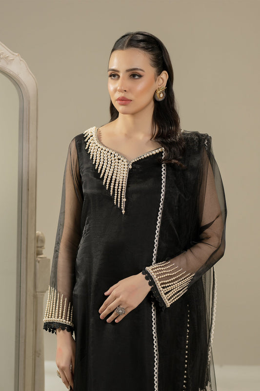 Black Pure Organza Suit with Pearl Work