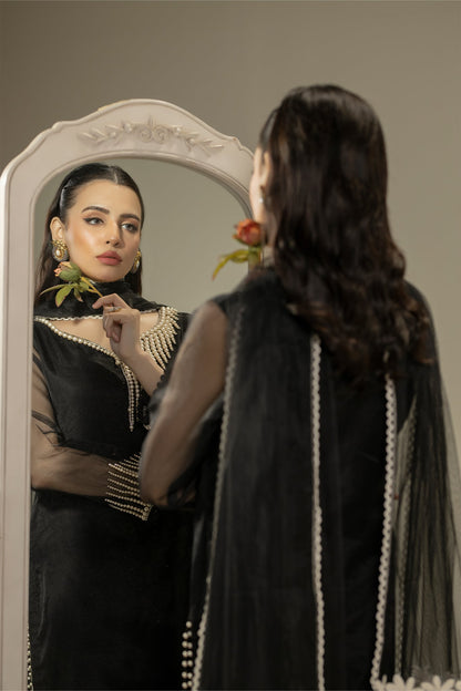 Black Pure Organza Suit with Pearl Work
