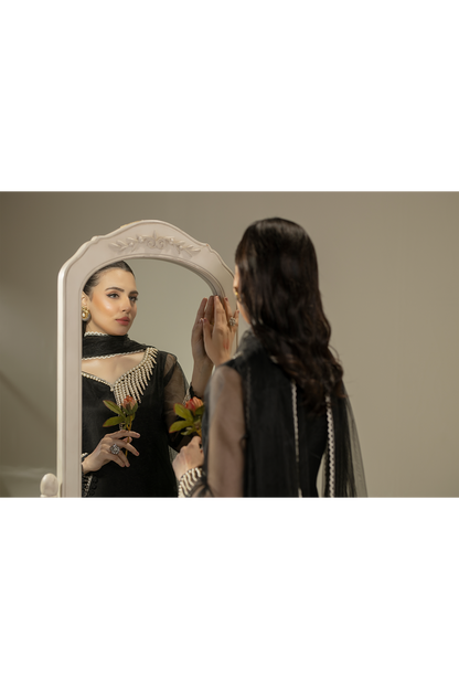 Black Pure Organza Suit with Pearl Work