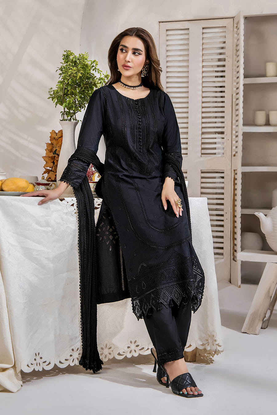 Black Readymade Pure Cotton Chikan Suit with Sequins Work