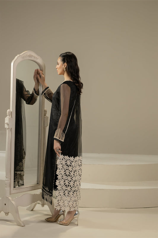 Black Pure Organza Suit with Pearl Work