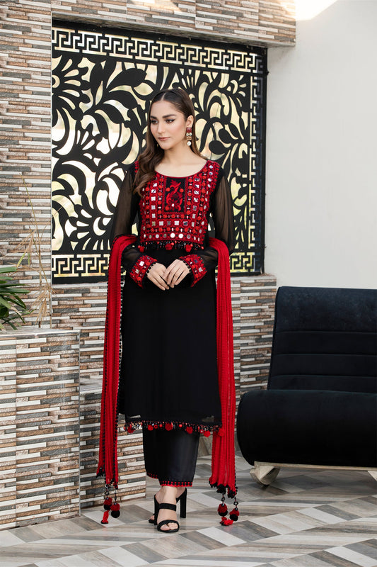Black Hand Embroidered Pure Chiffon Suit with Mirror Work