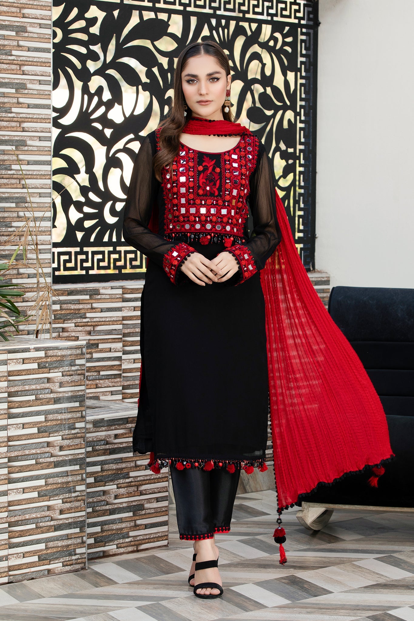 Buy Black Shalwar Kameez with Red Dupatta Online in Dubai SALWAR MAHAL