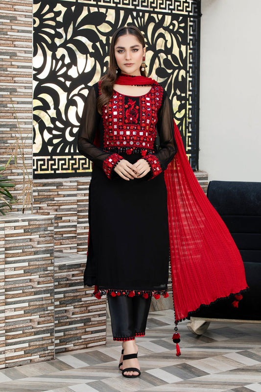 Black Hand Embroidered Pure Chiffon Suit
