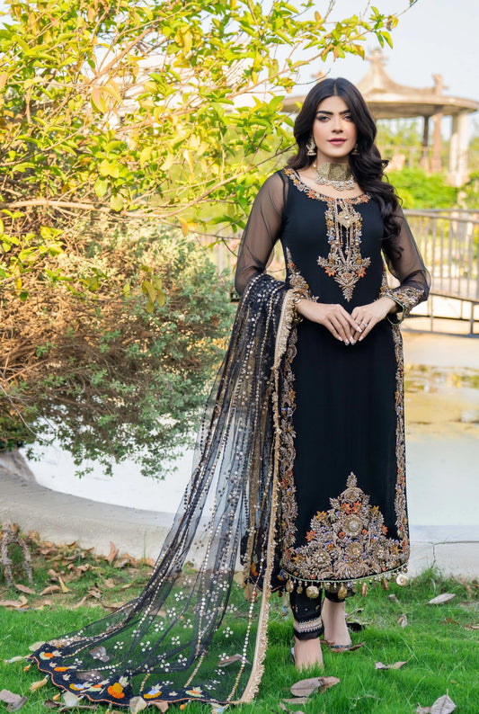 Hand Embroidered Black Pure Chiffon Suit Size Large