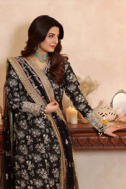 Black Sequins Embroidered Raw Silk Partywear Suit