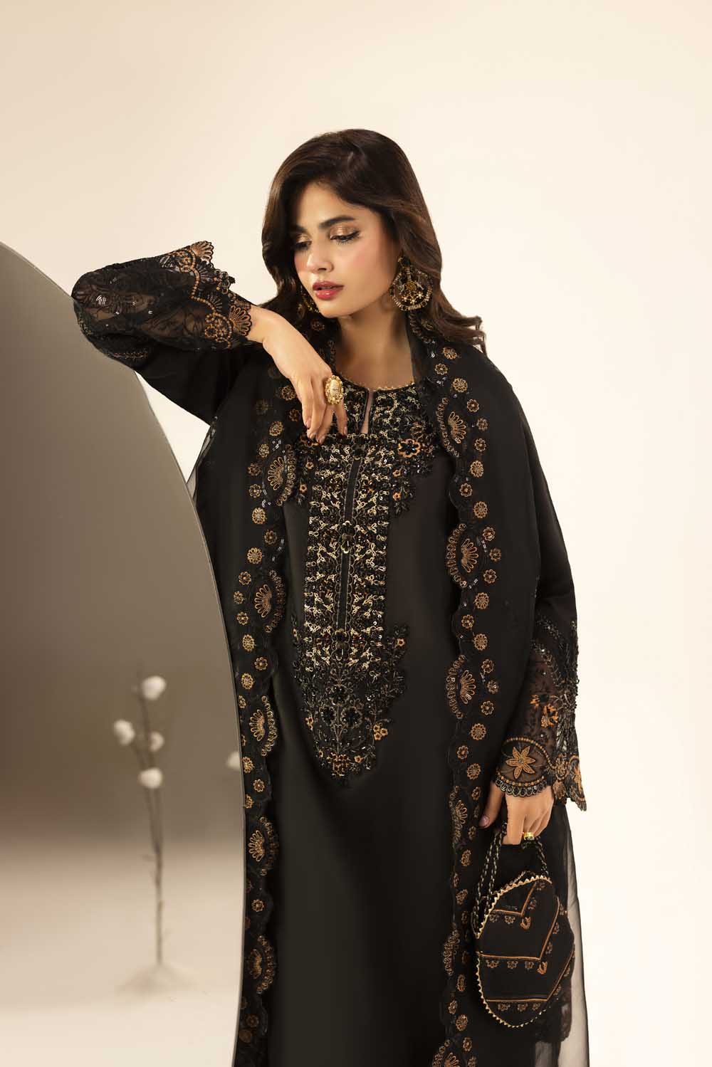 Black Hand Embellished & Embroidered Raw Silk Suit with Potil
