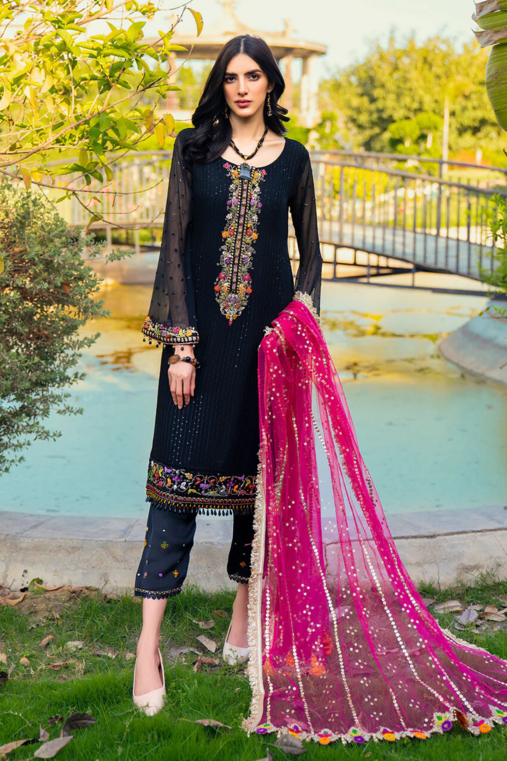 Black Hand Embroidered Pure Chiffon Suit