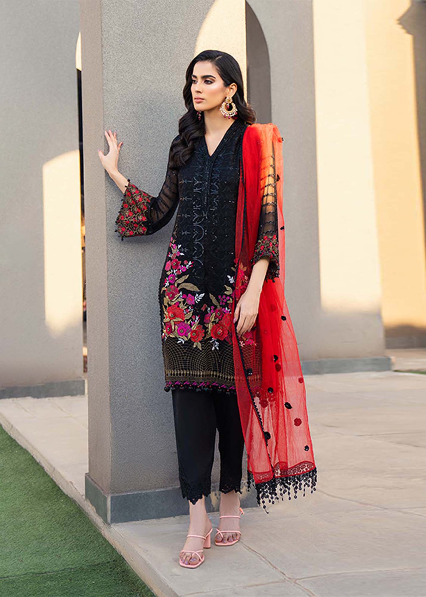 Deep Red Skirt Blouse - Black Gown - Dupatta