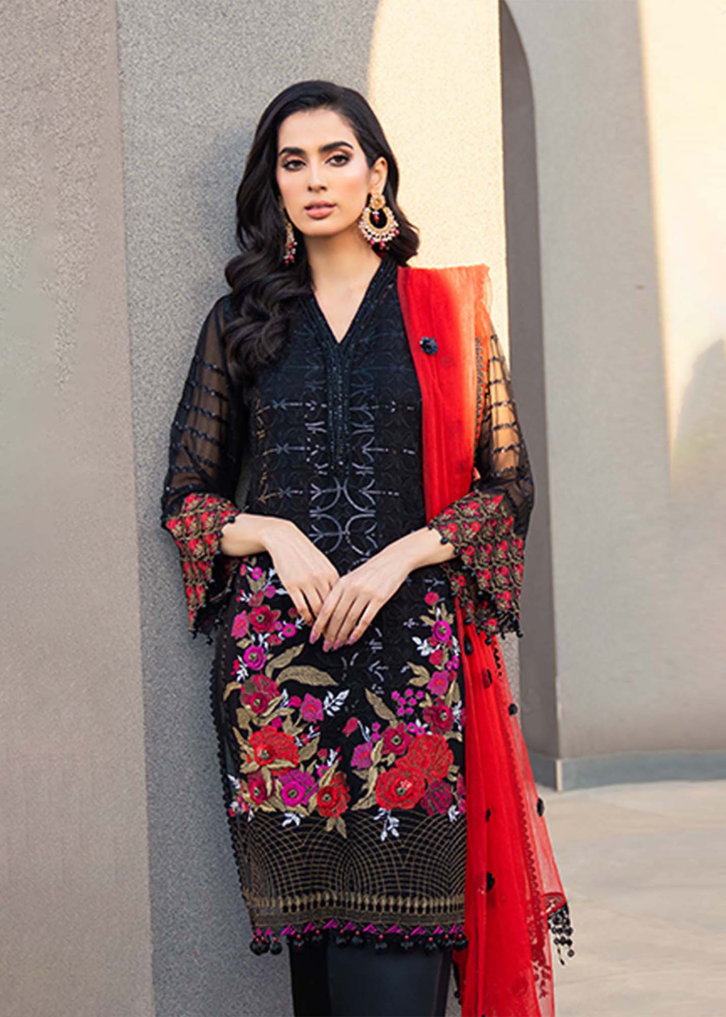 Black Short Shirt - Gold Brocade Cigarette Pants - Deep Red Dupatta