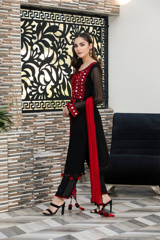 Black Hand Embroidered Pure Chiffon Suit with Mirror Work