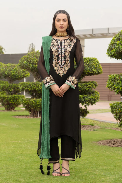 Black Hand Embroidered Pure Chiffon Suit