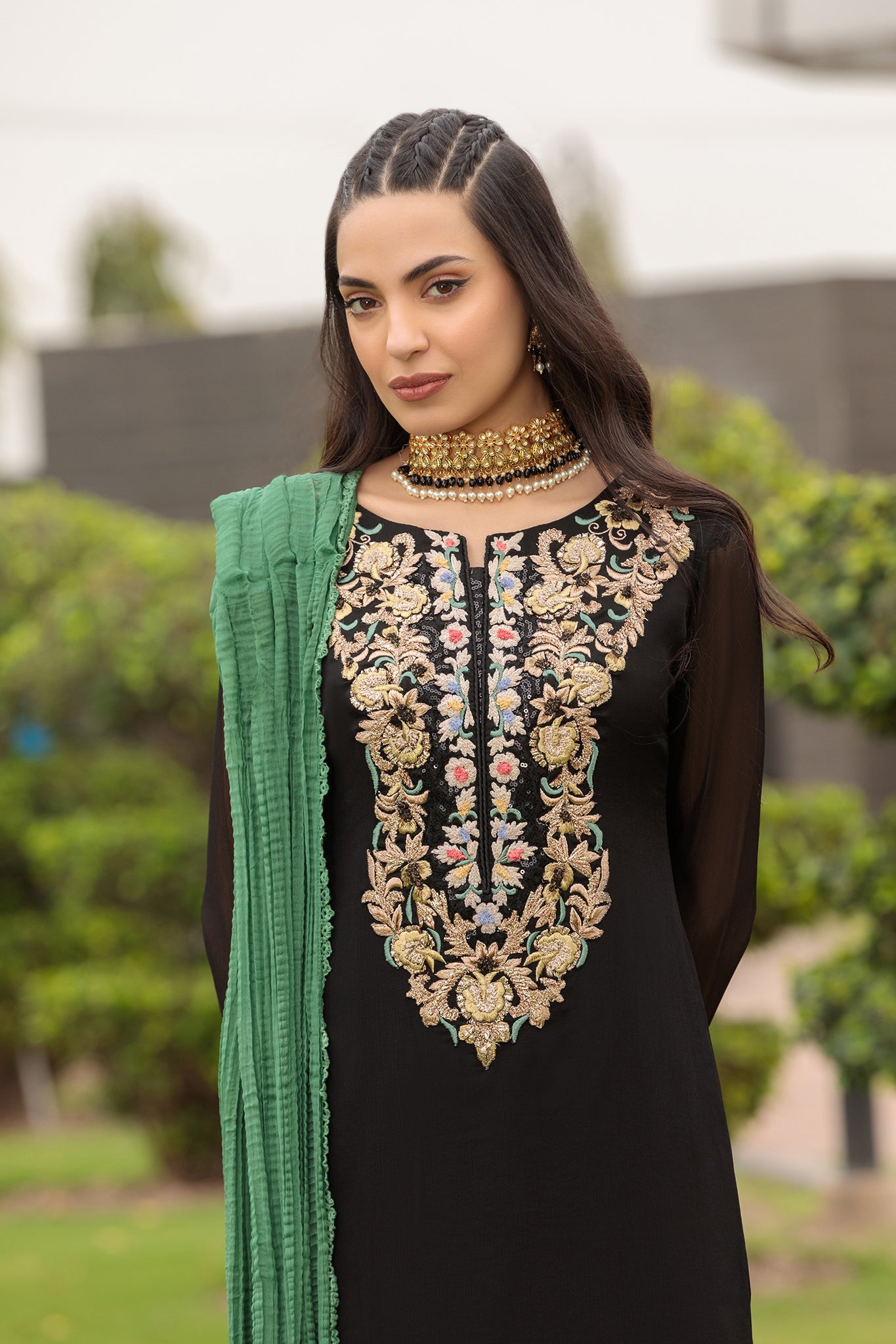 Black Hand Embroidered Pure Chiffon Suit