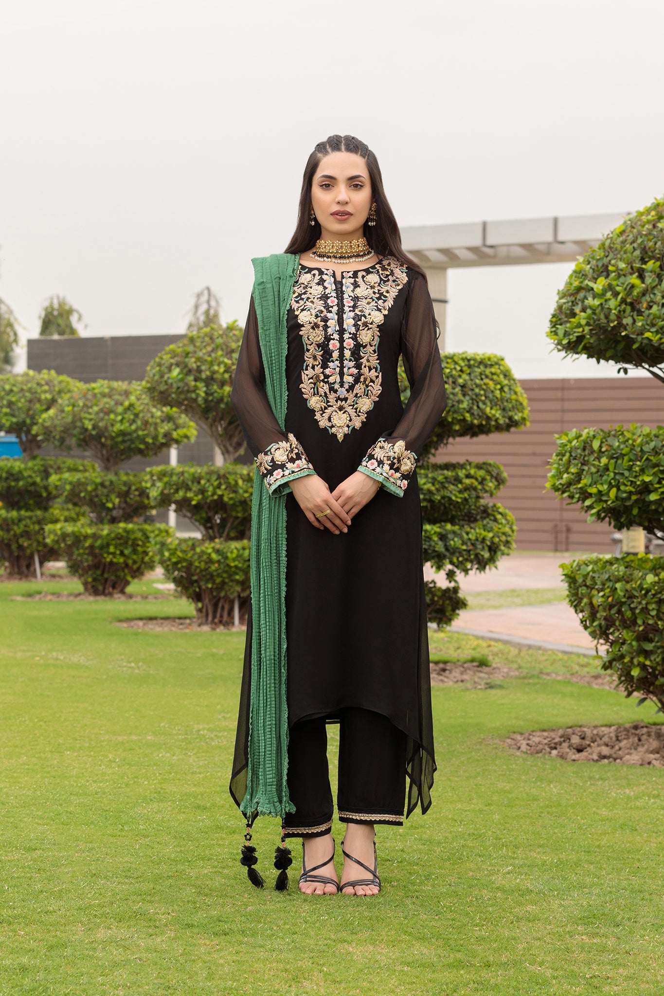 Black Hand Embroidered Pure Chiffon Suit