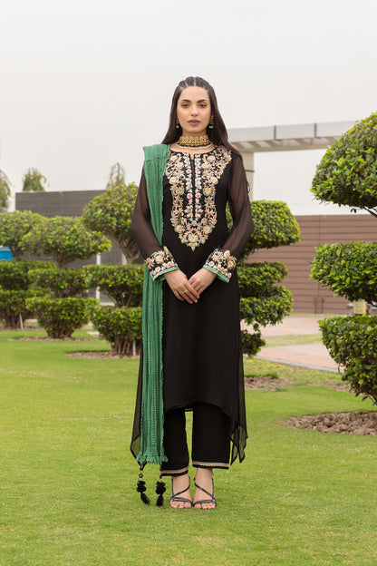 Black Hand Embroidered Pure Chiffon Suit