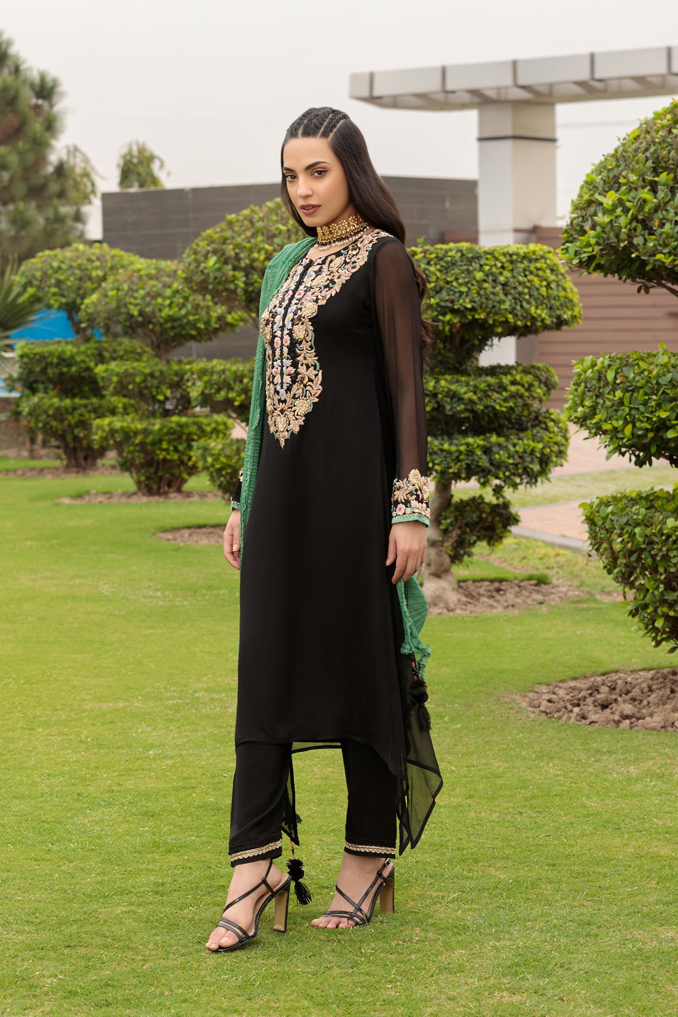 Black Hand Embroidered Pure Chiffon Suit