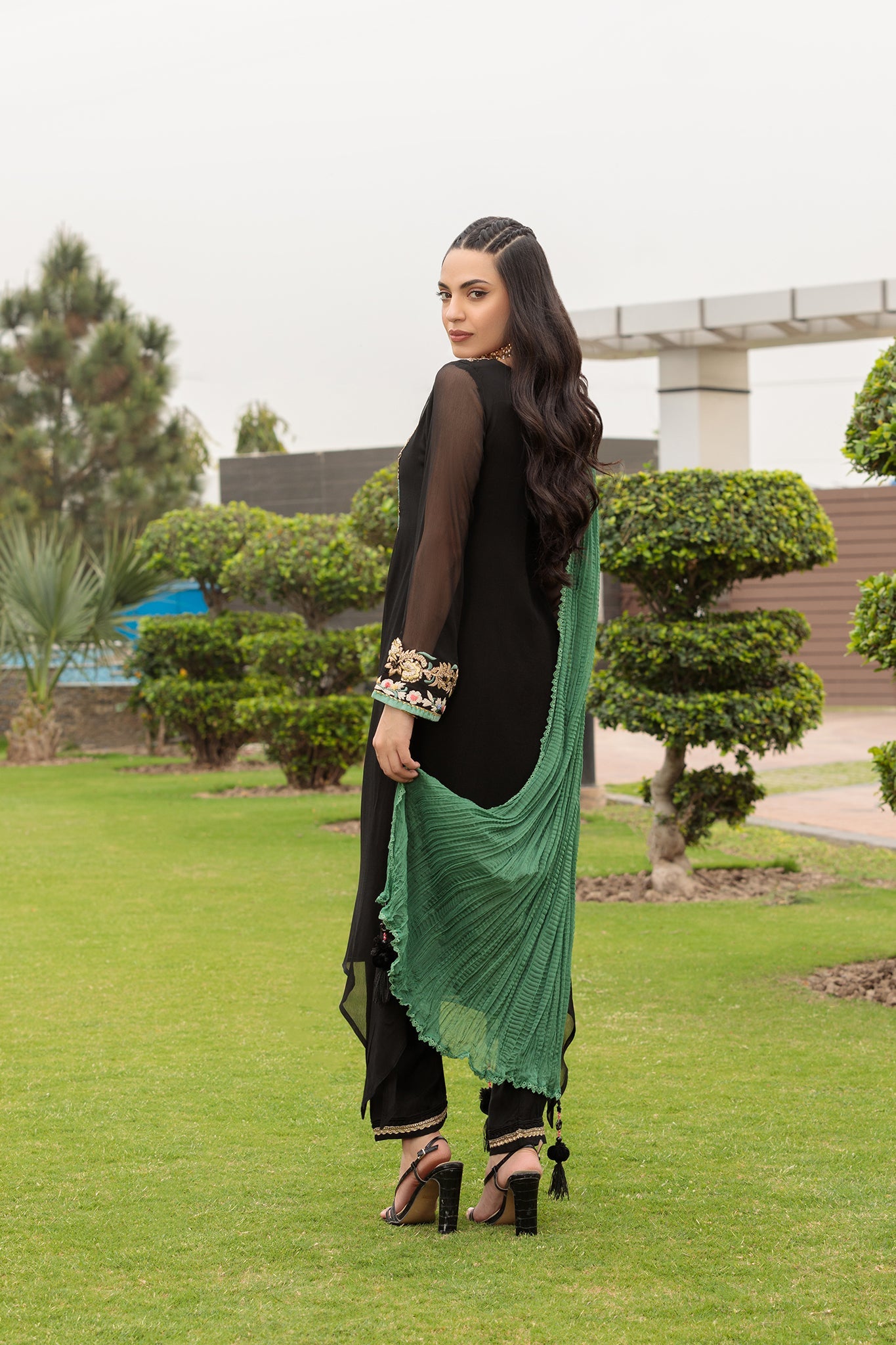 Black Hand Embroidered Pure Chiffon Suit