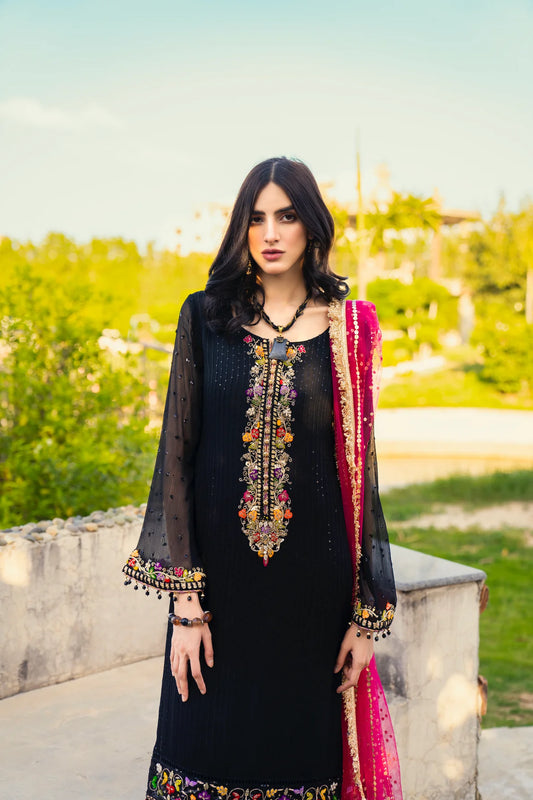 Black Hand Embroidered Pure Chiffon Suit