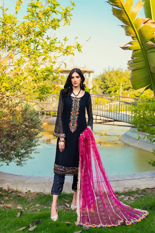 Black Hand Embroidered Pure Chiffon Suit