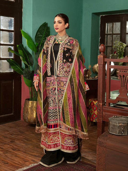 Black Suit with Multicolor Dupatta