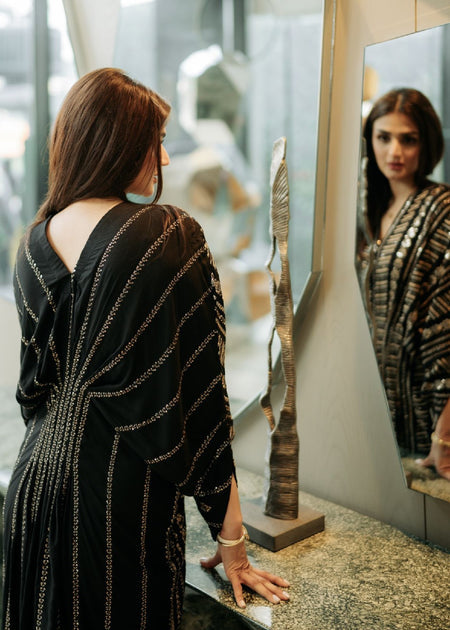 Black Sequins Embroidered Kaftan