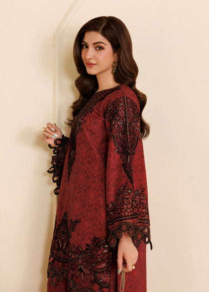 Blood Red 3 Piece Unstitched Khaddar Salwar Suit Online in KSA Riyadh Saudi Arabia Oman Bahrain Qatar