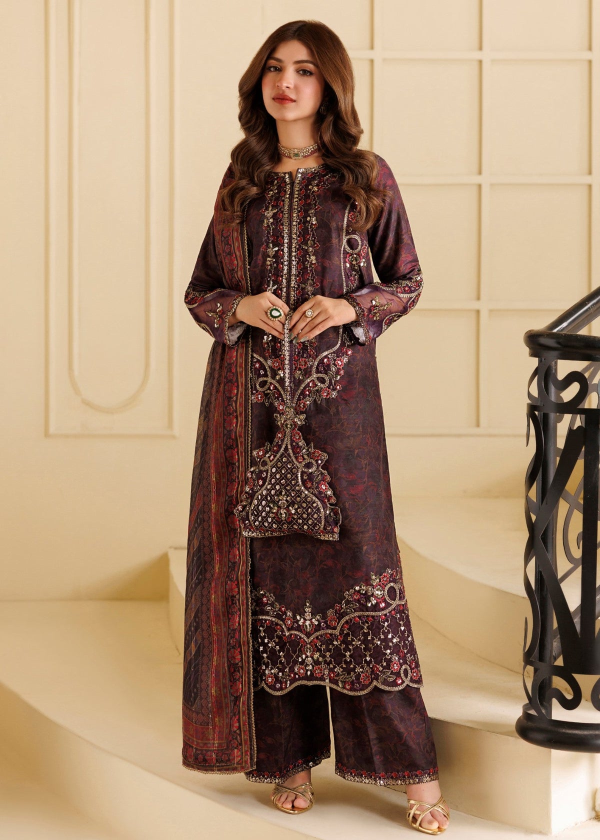Blood Red Embroidered Blended Khaddar Ladies Salwar Kameez Online in Dubai DXB UAE Abudhabi Meena Bazaar