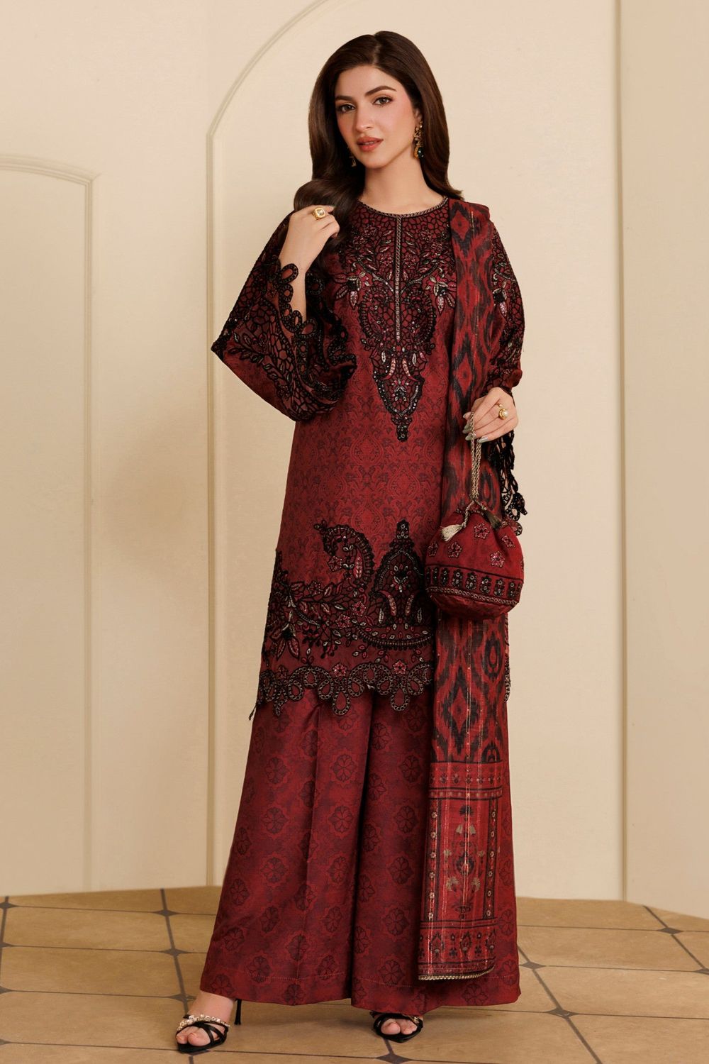 Blood Red Embroidered Blended Khaddar Pakistani Suit Online in Dubai UAE Abudhabi Ajman Sharjah