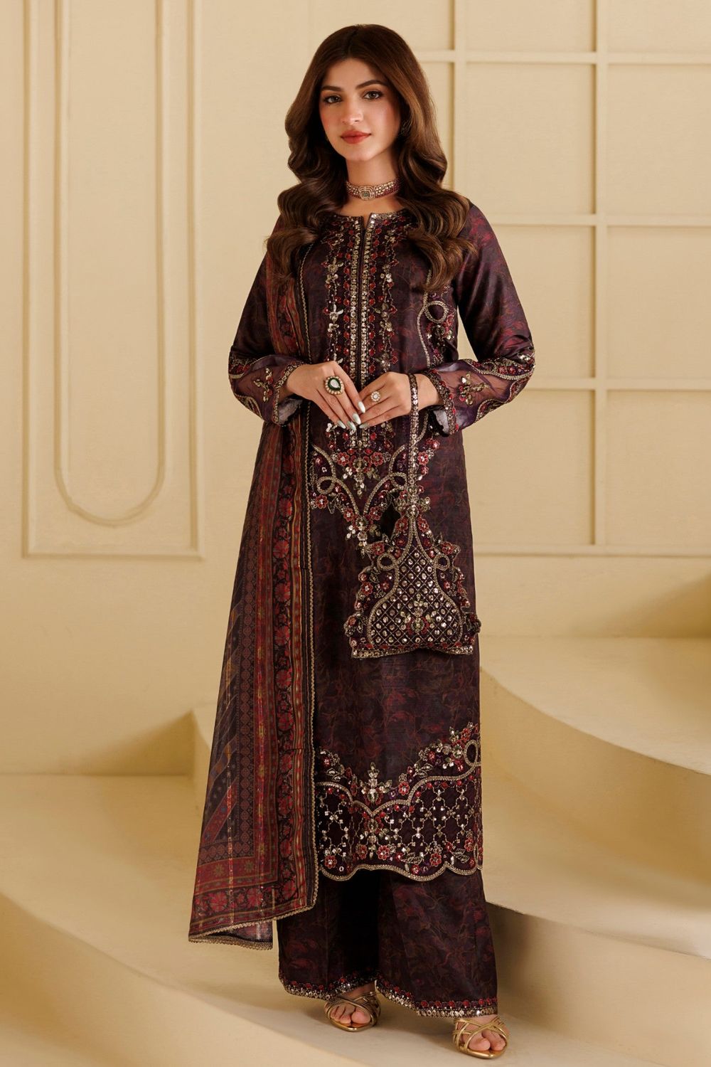 Blood Red Embroidered Blended Khaddar Pakistani Suit Online in Dubai UAE Abudhabi Ajman Sharjah